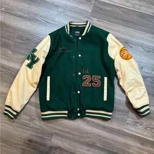 Zara Varsity Bomber Green Cream Jacket